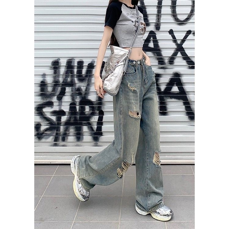 NZN Quần Jean Dài Lưng Cao Dáng Rộng Phối Rách Cá Tính Thời Trang Dành Cho Nữ