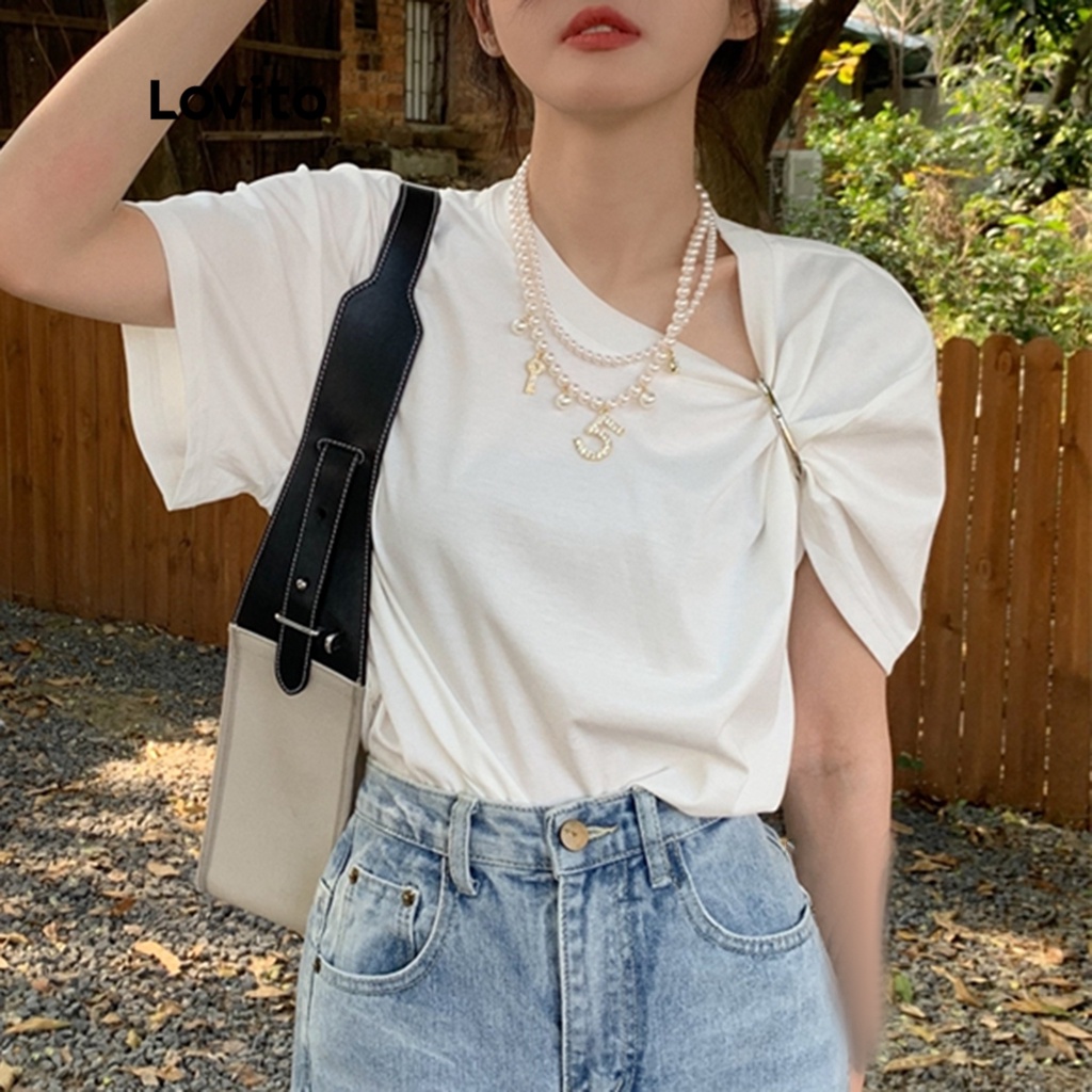 Lovito Áo thun kim loại xếp nếp trơn giản dị cho nữ LNA09274 (Trắng)