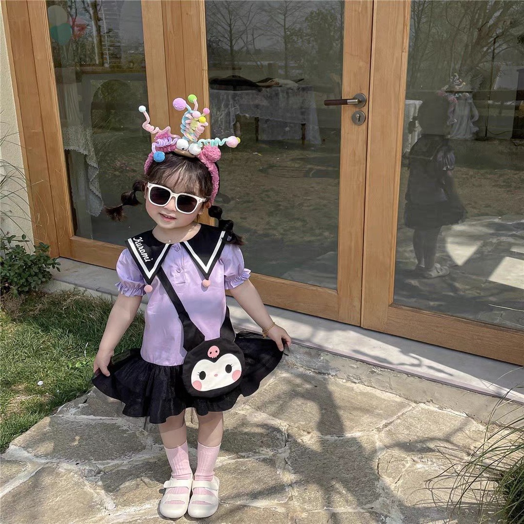 Đầm Tay Ngắn Phồng Cổ Thủy Thủ In Hoạt Hình Kuromi Kiểu Nhật Bản Thời Trang Mùa Hè Cho Bé Gái