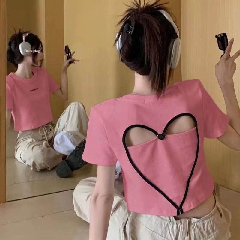 Áo Thun Tay Ngắn Cổ Tròn Dáng Ôm Hở Lưng Thiết Kế Ngọt Ngào Thời Trang Cho Nữ