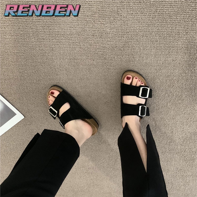 Renben Dép Da Birkenstocks Đế Phẳng Dày Mũi Tròn Hở Có Khóa Cài Phổ Biến Cho Nữ