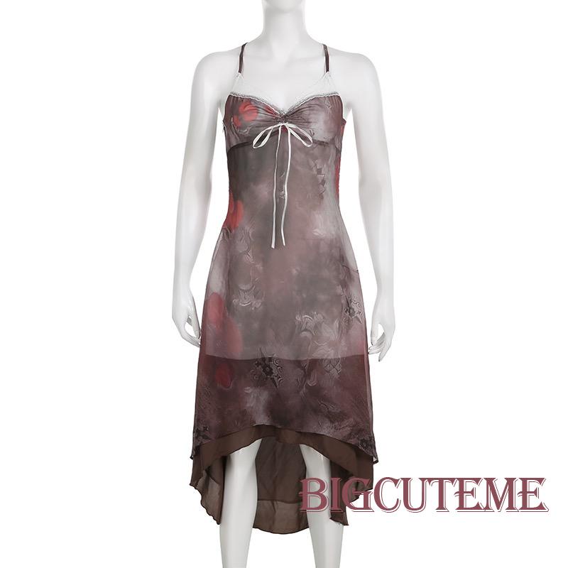 Đầm Dài Không Tay Hở Lưng Cổ Chữ V Họa Tiết Hoa Vintage Cho Nữ