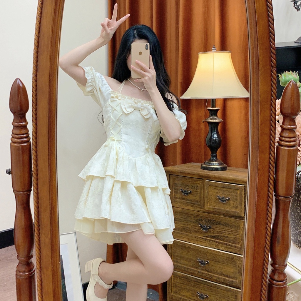 One Đầm Trễ Vai Eo Hẹp Màu Trơn Phong Cách Ngọt Ngào Cho Nữ