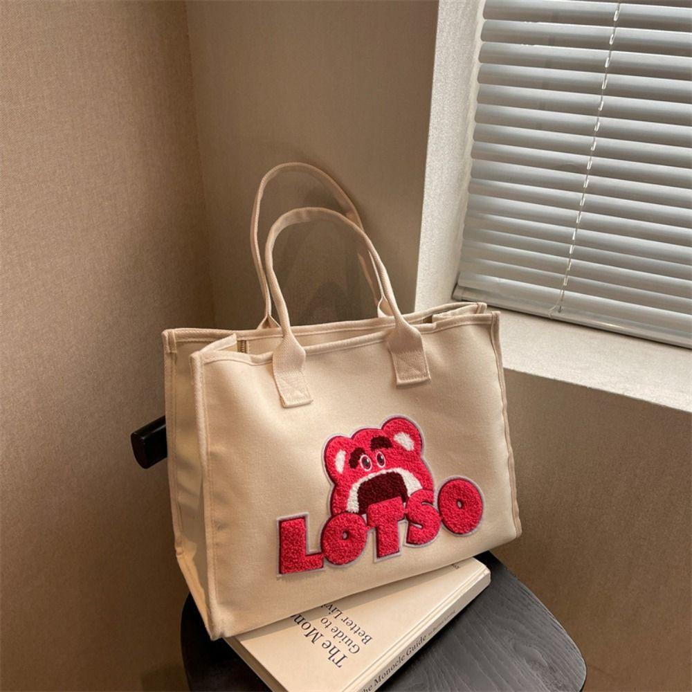 Miquel Túi Xách Canvas Sức Chứa Lớn Hình Gấu Dâu Tây Hoạt Hình Có Thể Tái Sử Dụng Cho Nam Và Nữ