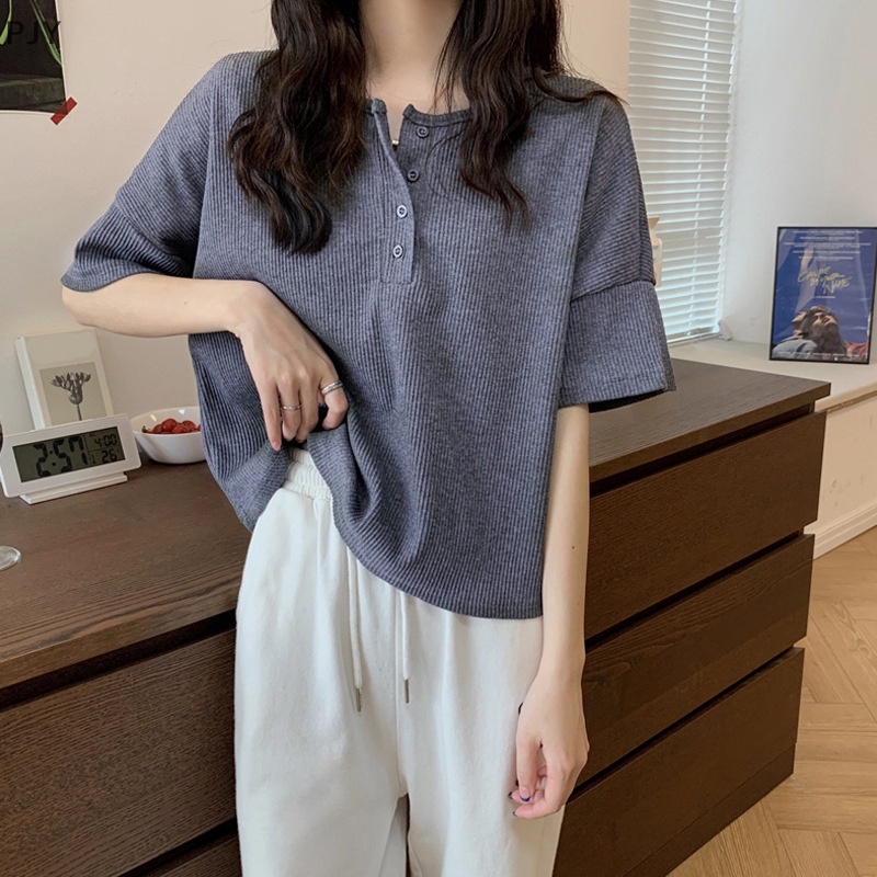 Áo Thun PJY Cổ Tròn Dáng Rộng Cài Nút Dưới Vai Thời Trang Mùa Hè Cho Nữ