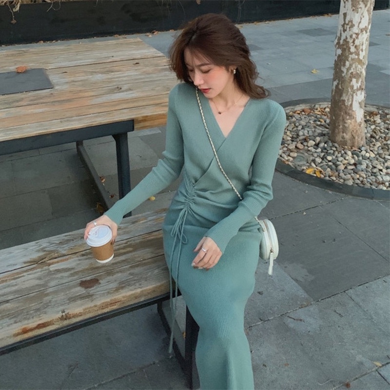 Đầm Dệt Kim Dài Tay Cổ Chữ V Thiết Kế Xẻ Tà Thời Trang Mới Cho Nữ