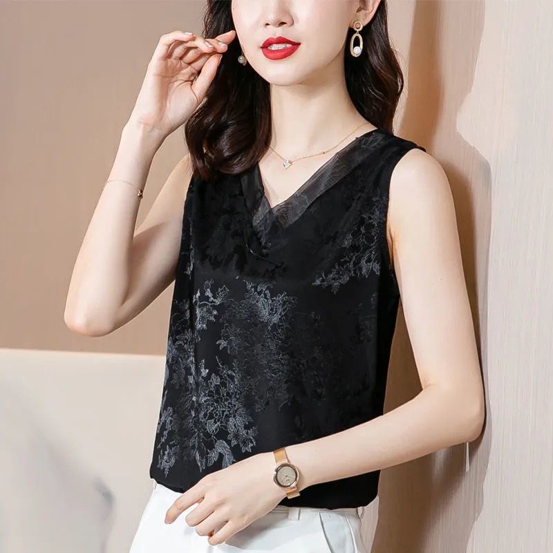 Áo Thun Satin Hai Dây Cổ Chữ V Dáng Rộng Thời Trang Mùa Hè Cho Nữ