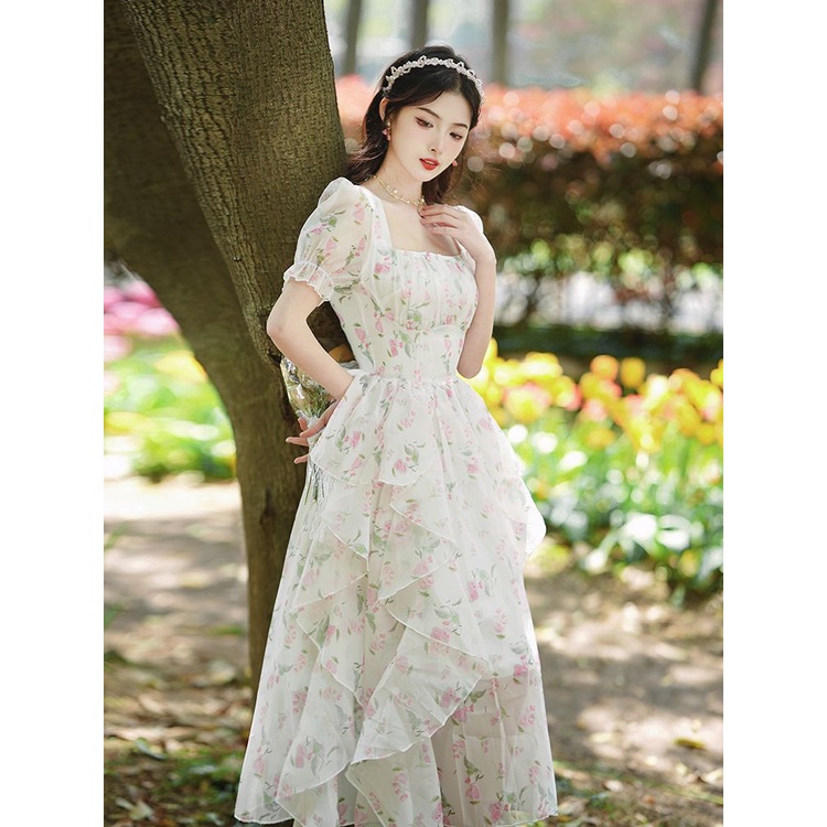 Đầm Voan Trắng In Hoa Thời Trang Mùa Hè Pháp Mới