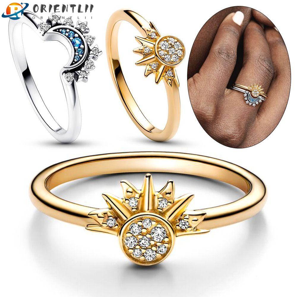 ORIENTLII Nhẫn Mạ Bạc 925 Hình Mặt Trăng / Mặt Trời Lấp Lánh Thời Trang Cho Nữ