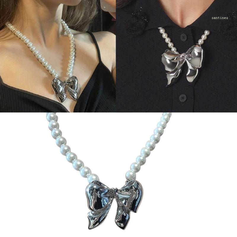 Vòng cổ Mặt Hình Nơ Đính Ngọc Trai Nhân Tạo Thời Trang Hàn Quốc Cho Nữ