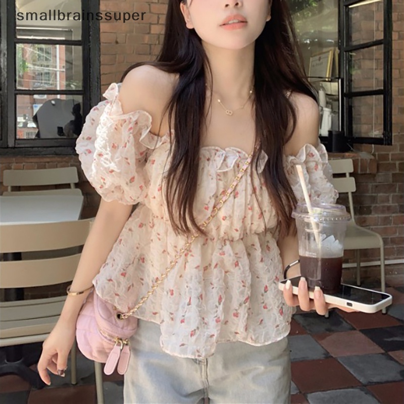 Áo Kiểu Trễ Vai Tay Ngắn Phối Bèo Họa Tiết Hoa Thời Trang Mùa Hè Cho Nữ SBS