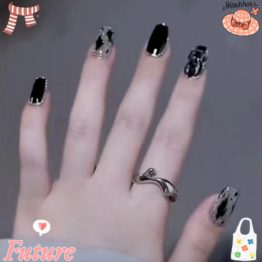 FUTURE Bộ 24 Móng Tay Giả Màu Đen Đính Pha Lê Có Thể Tháo Rời DIY