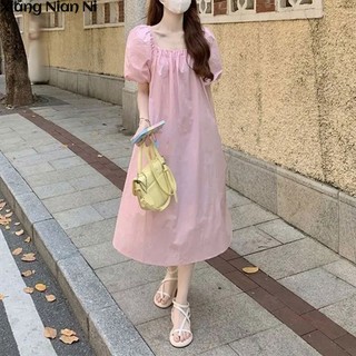Xiang Nian Ni Đầm Dài Đến Giữa Tuổi Trung Bình In Hoa Màu Hồng Cổ Vuông Cỡ Lớn Phong Cách Pháp Cổ Điển Cho Nữ