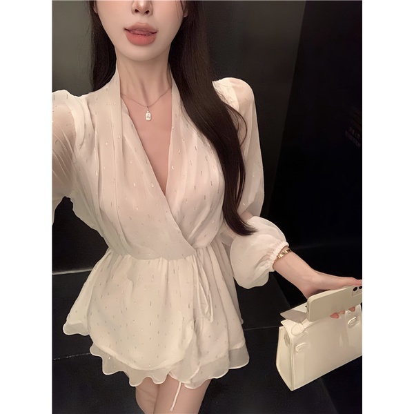 Đầm chiffon Tay Dài Màu Trắng Phối Bèo Xinh Xắn Thời Trang Dành Cho Nữ