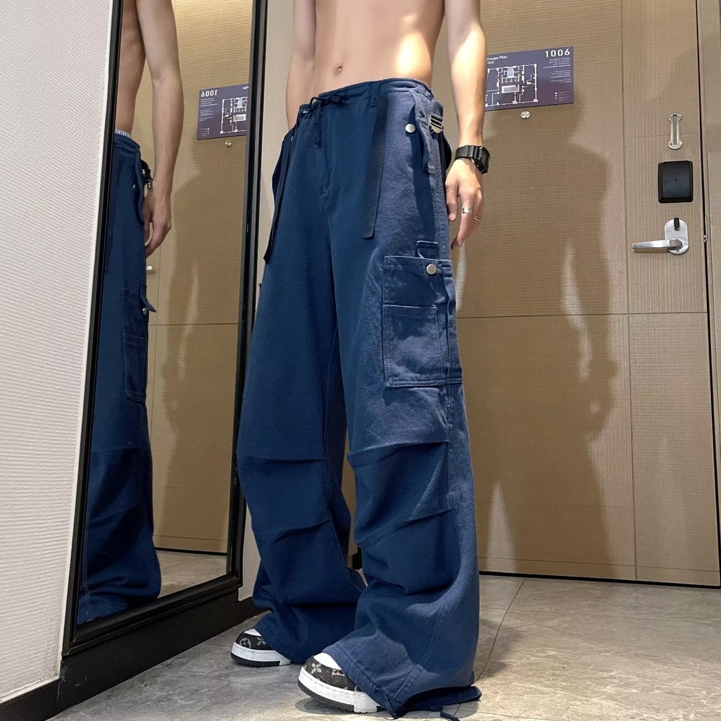 Quần Dài Ống Rộng Rút Dây Màu Xanh Dương Cổ Điển Hợp Thời Trang Cho Nam