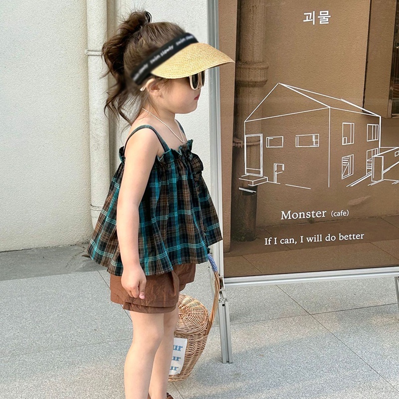 Bộ Áo Sơ Mi Không Tay + Quần Short Màu Trơn Thời Trang Đi Biển Cho Bé Gái