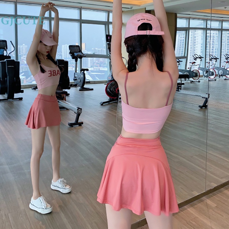 Set Áo Thun Ba Lỗ In Chữ + Chân Váy Ngắn Chống Trượt Thời Trang Nữ