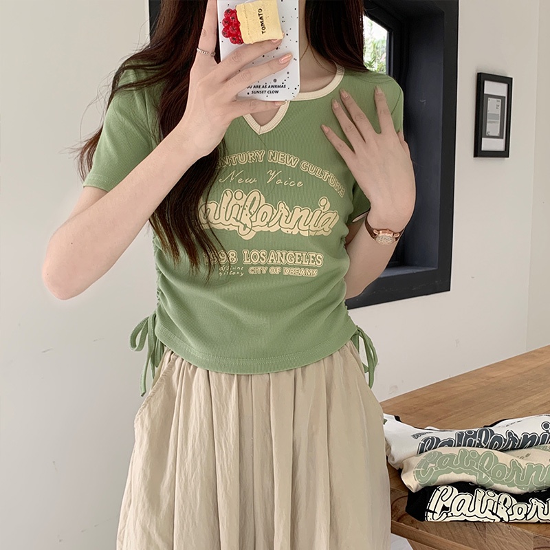 Áo Thun Tay Ngắn Cổ Chữ V In Họa Tiết monogram Tương Phản Thời Trang Hàn Quốc Cho Nữ