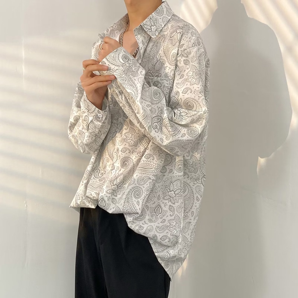 Áo Sơ Mi Tay Dài Dáng Rộng In Họa Tiết Phong Cách Hàn Quốc Thời Trang Mùa Hè Cho Nam