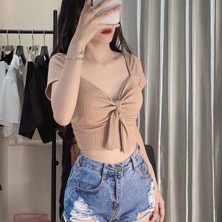 A95 Áo thun nữ tay ngắn phom croptop nữ kiểu thun tăm 4 chiều cột nơ size dưới 53kg mã ht70