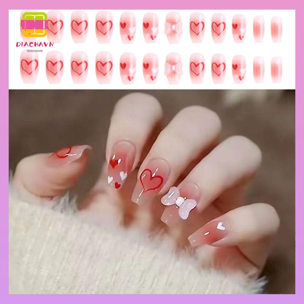 DIACHAVN Bộ 24 Móng Tay Giả Che Phủ Toàn Diện Đính Nơ Trái Tim Kiểu Pháp Dễ Thương