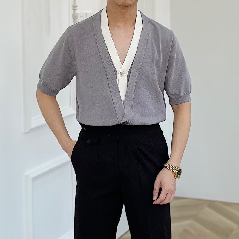 Áo Thun Tay Ngắn Giả Hai Lớp Cổ Chữ V Màu Sắc Tương Phản Phong Cách Hàn Quốc Thời Trang Xuân Hè Cho Nam