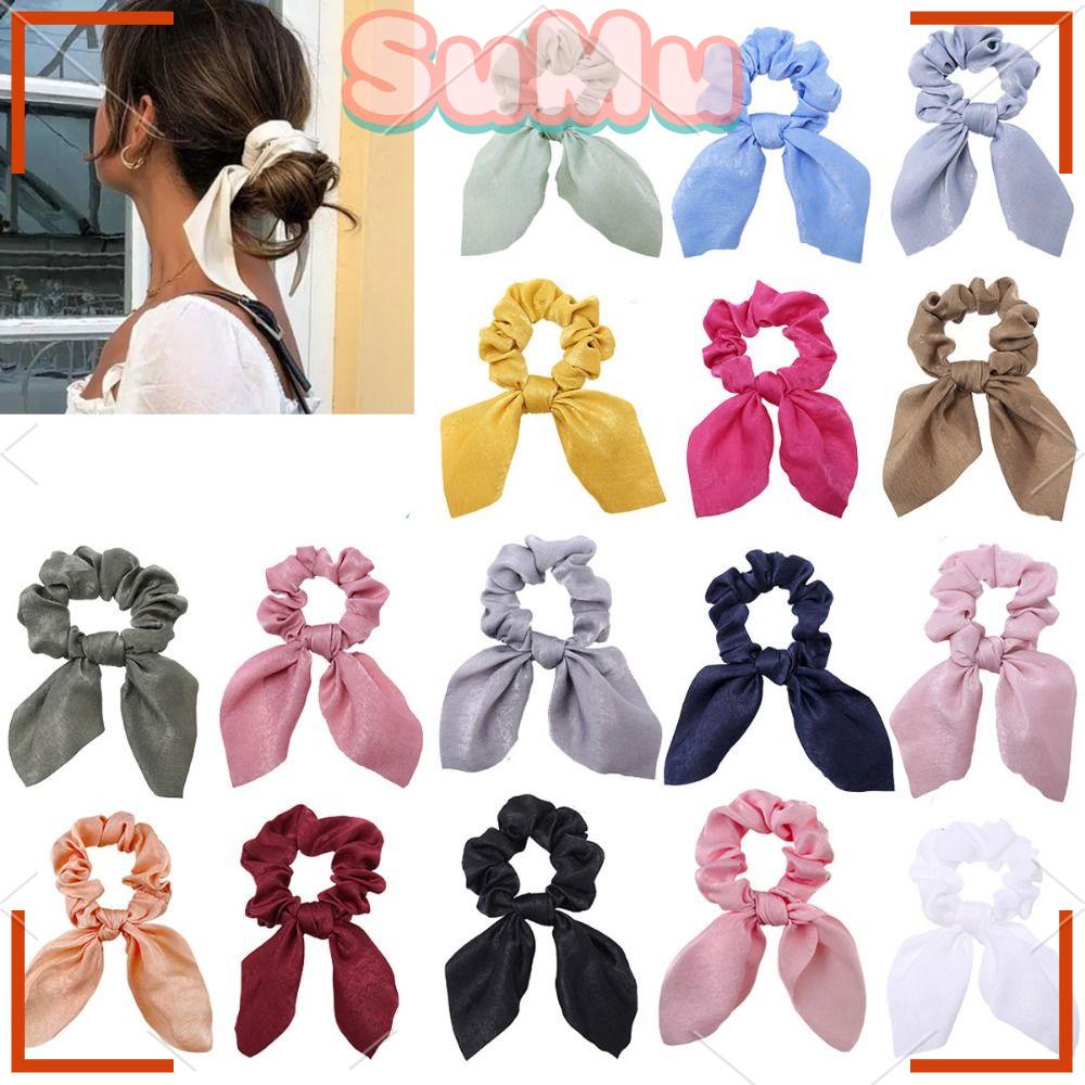 SUMU Set 5 Dây Cột Tóc Thắt Nơ Vải Co Giãn Màu Trơn Dành Cho Nữ