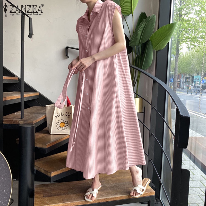 Zanzea Đầm Ngắn Tay Cổ Bẻ Họa Tiết Kẻ Sọc Phong Cách Hàn Quốc Dành Cho Nữ