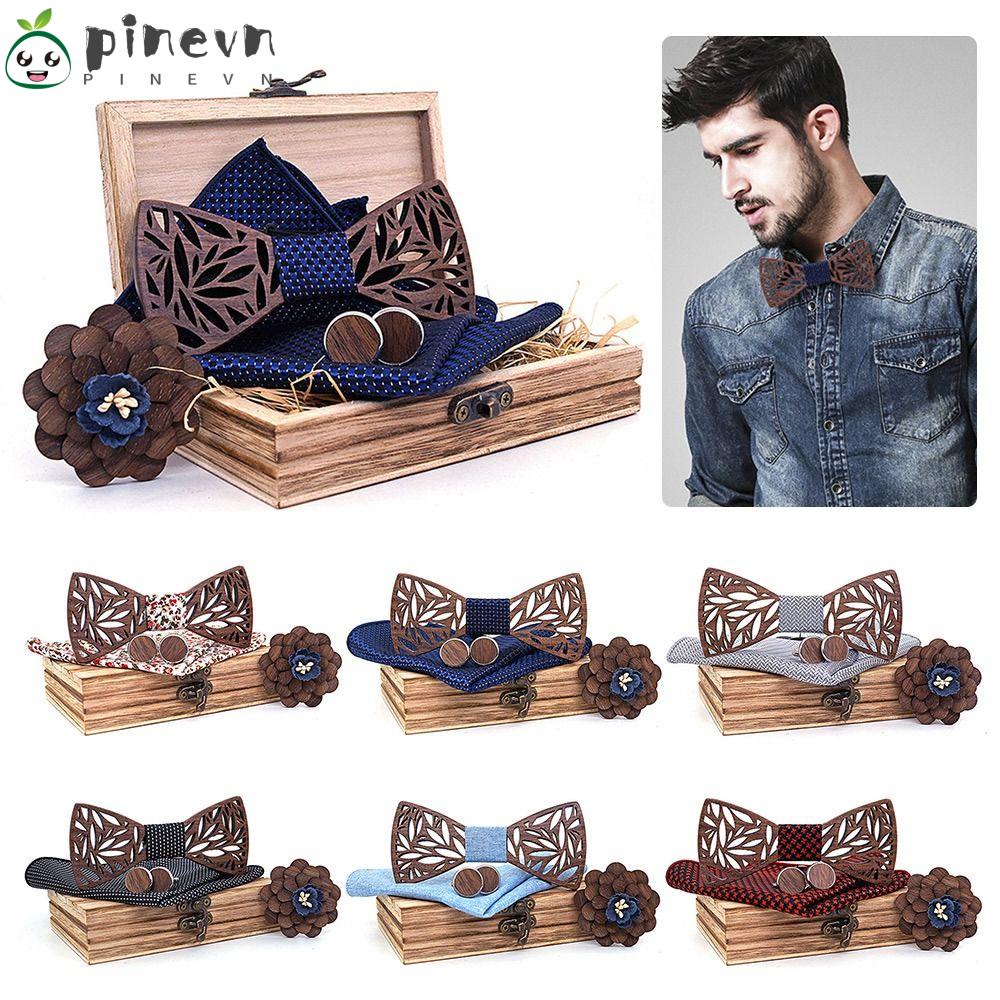 PINEVN Bộ Cà Vạt Nơ Và Khăn Tay Bằng Gỗ Thiết Kế Đơn Giản Dùng Hóa Trang Chú Rể
