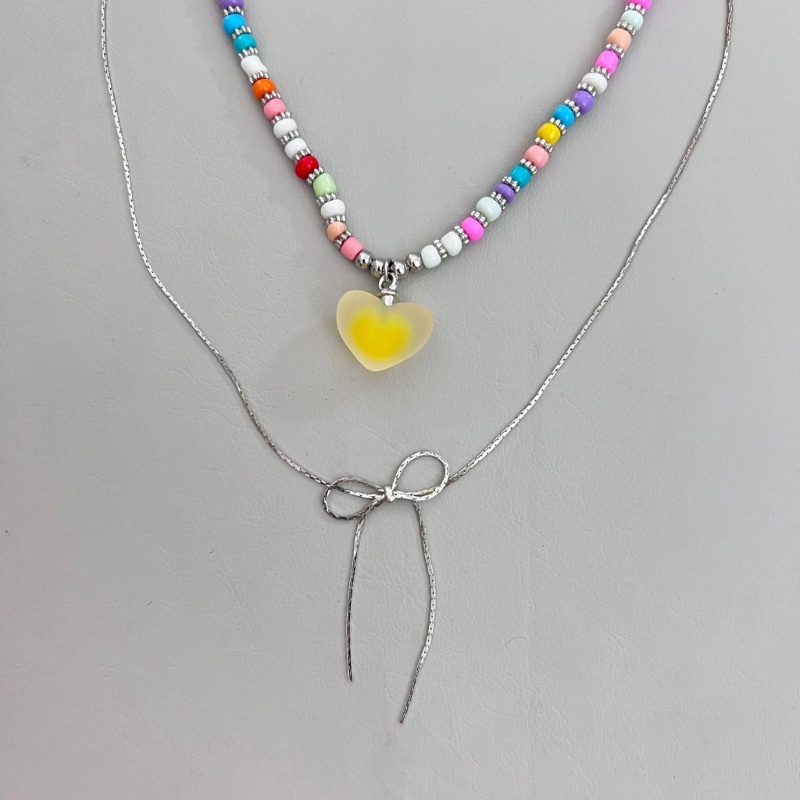 Vòng cổ Chuỗi Hạt Hình Nơ Trái Tim Màu Bạc Cá Tính Cho Nữ