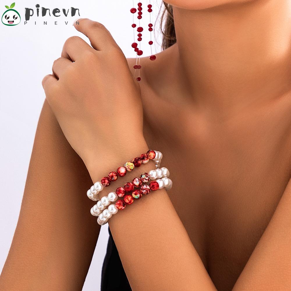 PINEVN Vòng Đeo Tay Ba Lớp Xỏ Hạt Nhựa Resin Ba Lớp Màu Đỏ Cá Tính Phong Cách Gothic Cho Nữ