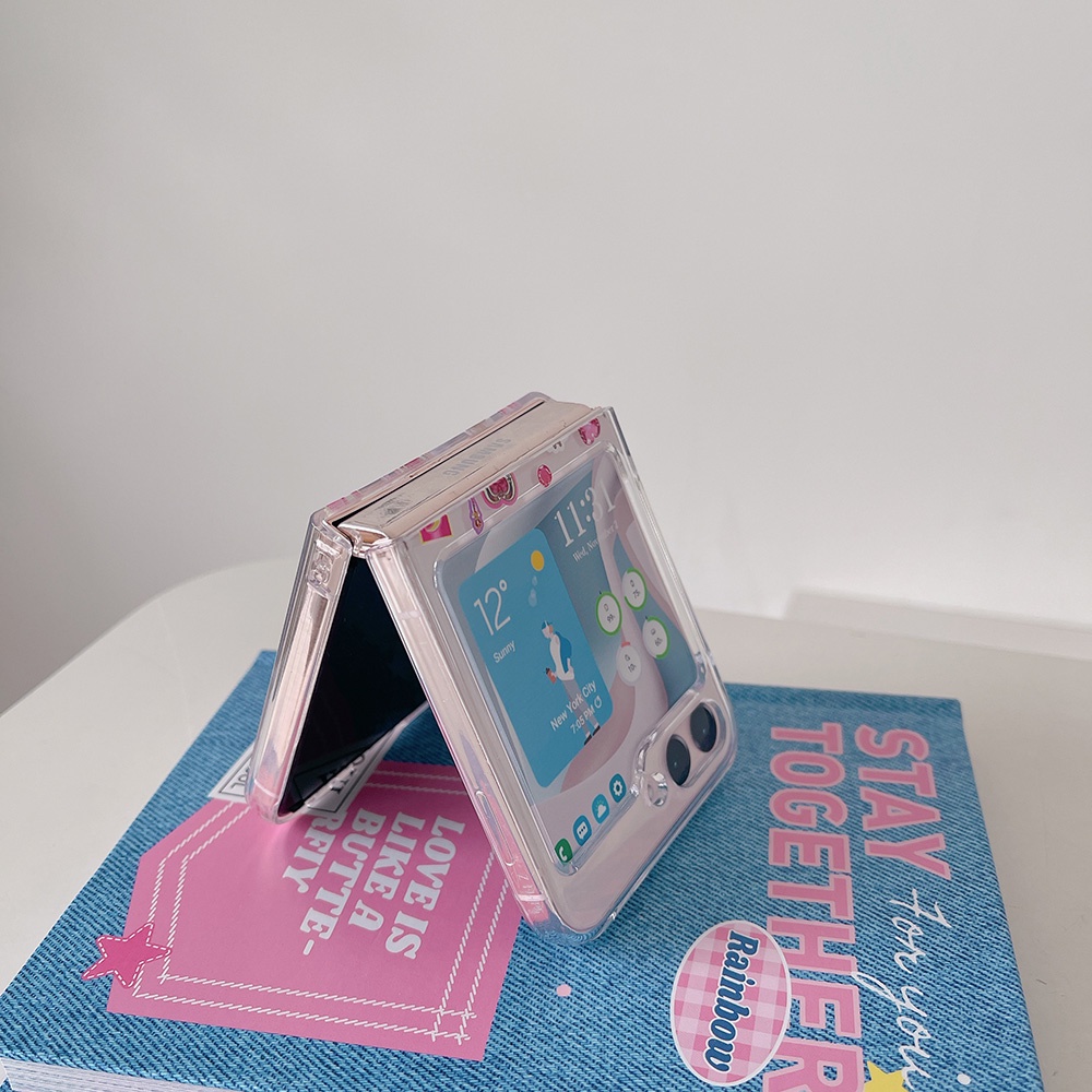 Phim hoạt hình dễ thương màu hồng love chain case điện thoại cho samsung galaxy z flip 5 z flip5 ốp lưng pc cứng cho zflip5 case shell