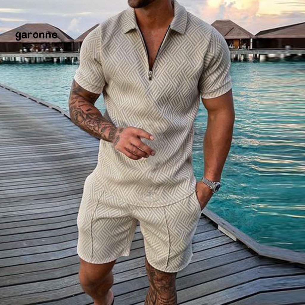 Set 2 Món Áo Thun Tay Ngắn Cổ Bẻ Dáng Rộng Có Khóa Kéo + Quần Short Thời Trang Cho Nam