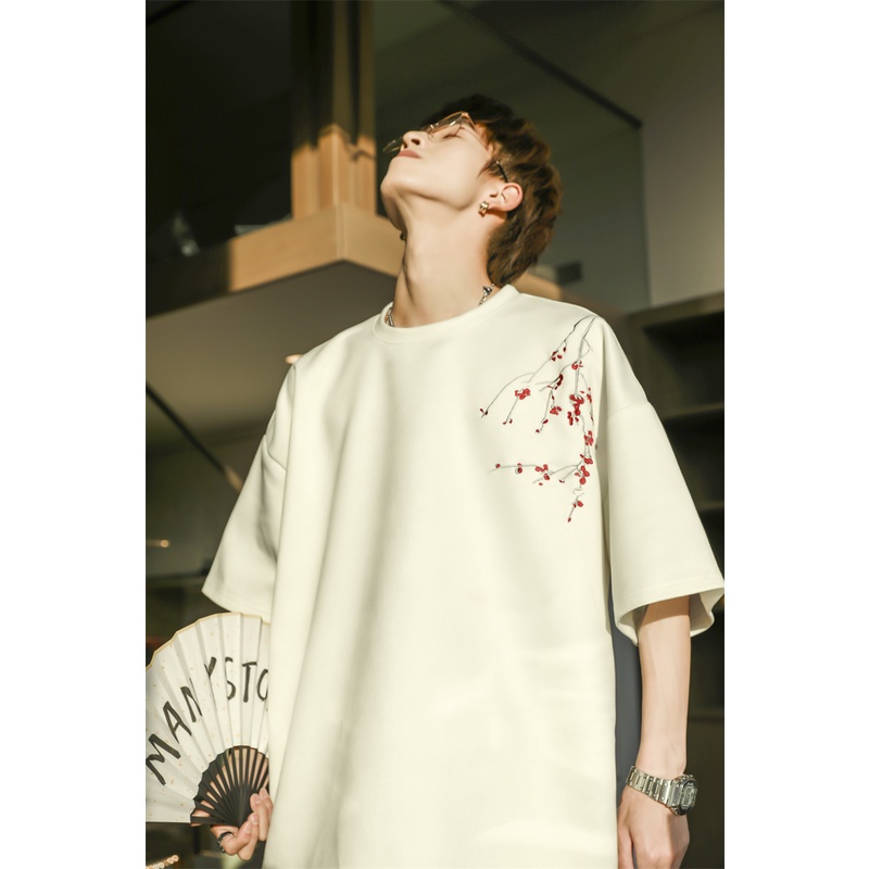 Áo Thun Da Lộn Ngắn Tay Thêu Họa Tiết Phong Cách Trung Hoa Thời Trang Mùa Hè Cho Nam