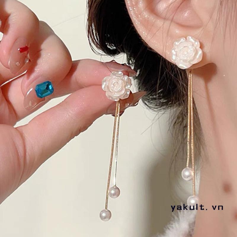 🎀 yakult 🎀Hoa Tai Dáng Dài Hình Hoa Trà Đính Ngọc Trai Phối Tua Rua Phong Cách Cổ Điển