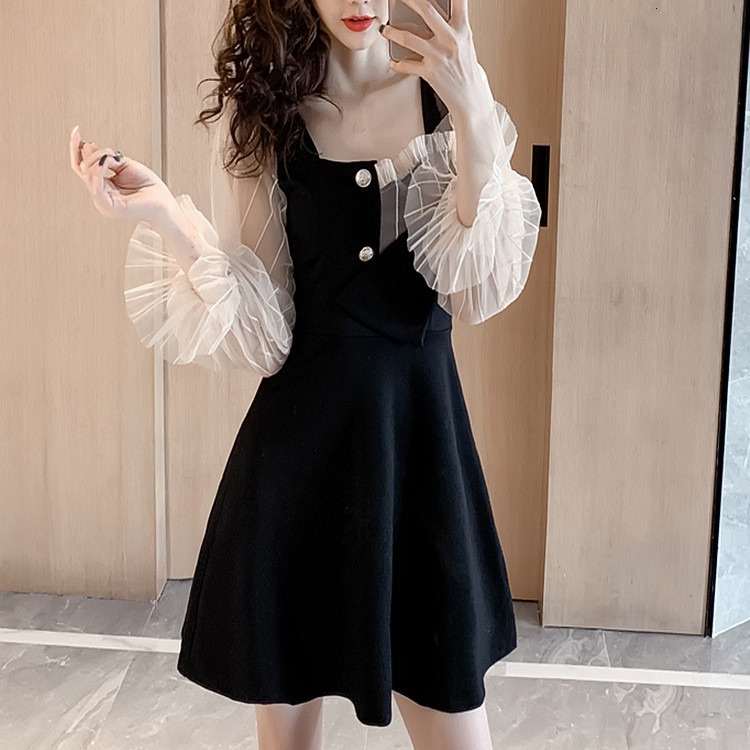 Đầm Dáng Chữ a Cổ Vuông Màu Đen Phong Cách Phương Tây Thời Trang Mùa Xuân Cho Nữ