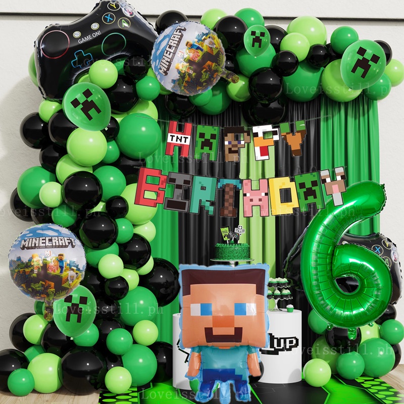 Bộ vòng hoa vòm chủ đề Minecraft 65/66 chi tiết, bóng bay 32" số đen xanh, trang trí tiệc
