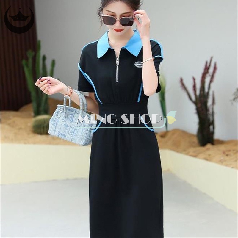 Đầm Midi Cổ Bẻ Cài Khóa Kéo Trước Có Túi Thời Trang Mùa Hè Cho Nữ