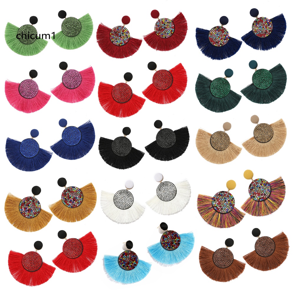 Khuyên Tai Hình Quạt Đính Đá Tua Rua Phong Cách Bohemian