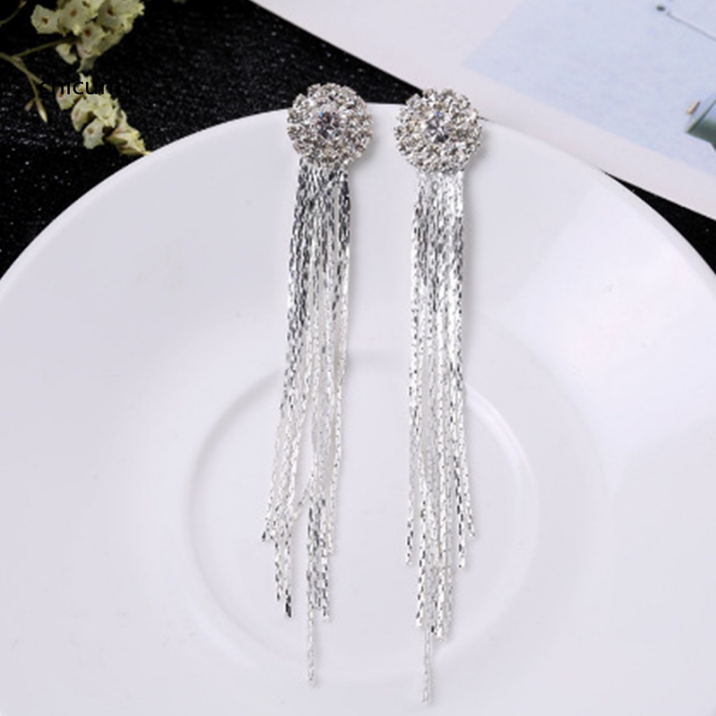 Khuyên Tai Dáng Dài Đính Đá Phối Tua Rua Thời Trang