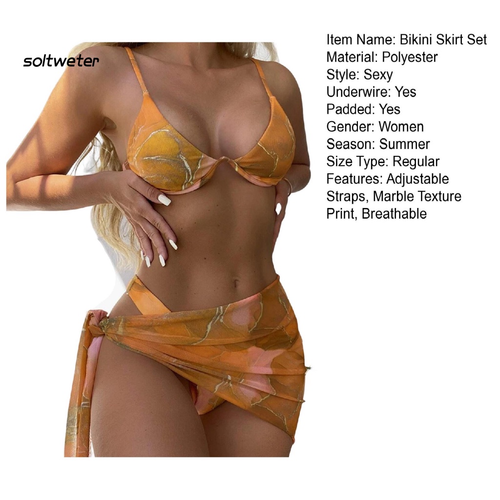 Bộ Đồ Bơi Bikini 3 Món Gồm Áo Cổ Chữ V In Họa Tiết Cẩm Thạch + Chân Váy Lưng Cao + Áo Hai Dây Nâng Ngực Gợi Cảm Cho Nữ