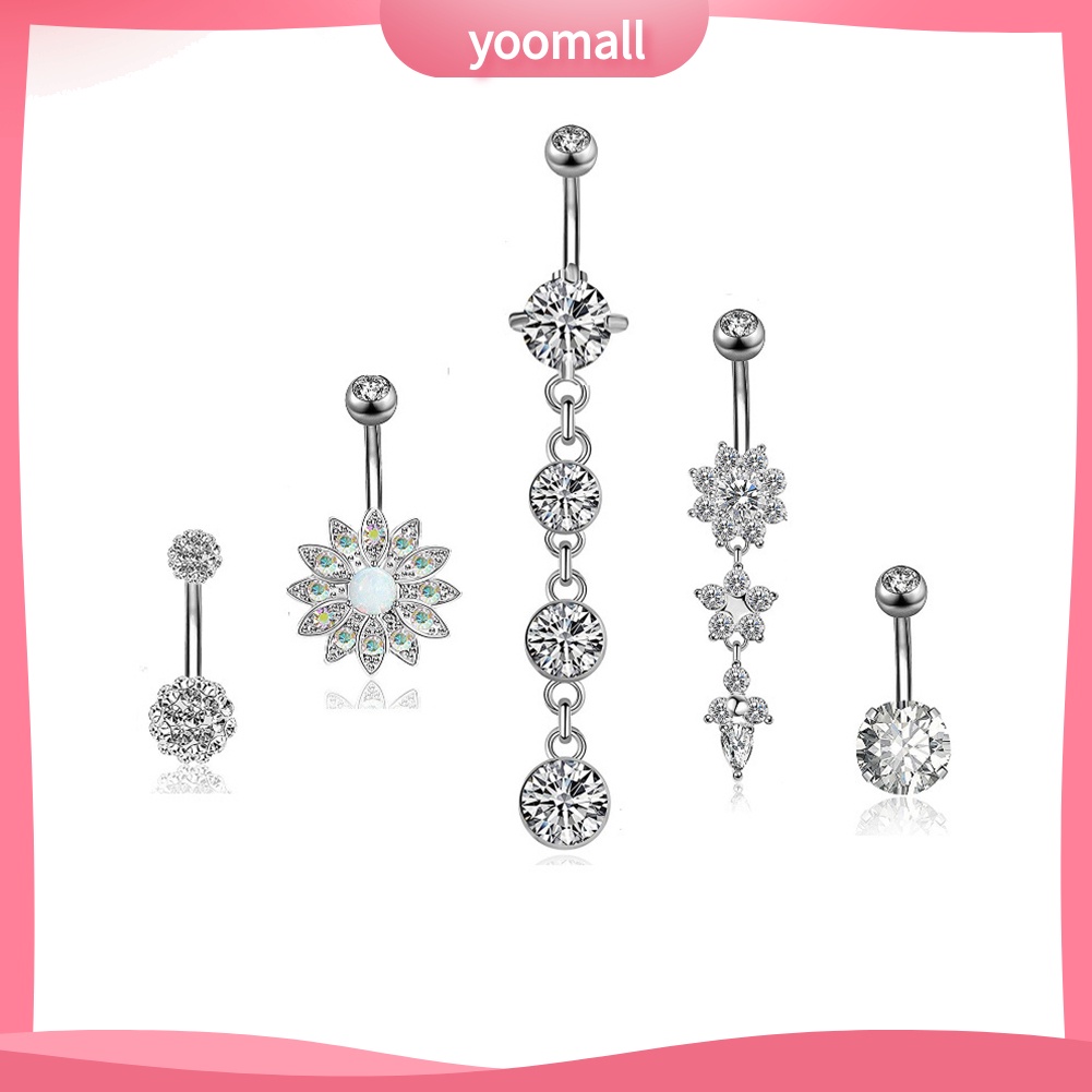 Set 5 Khuyên Rốn Tròn Họa Tiết Hoa Đính Đá Thời Trang