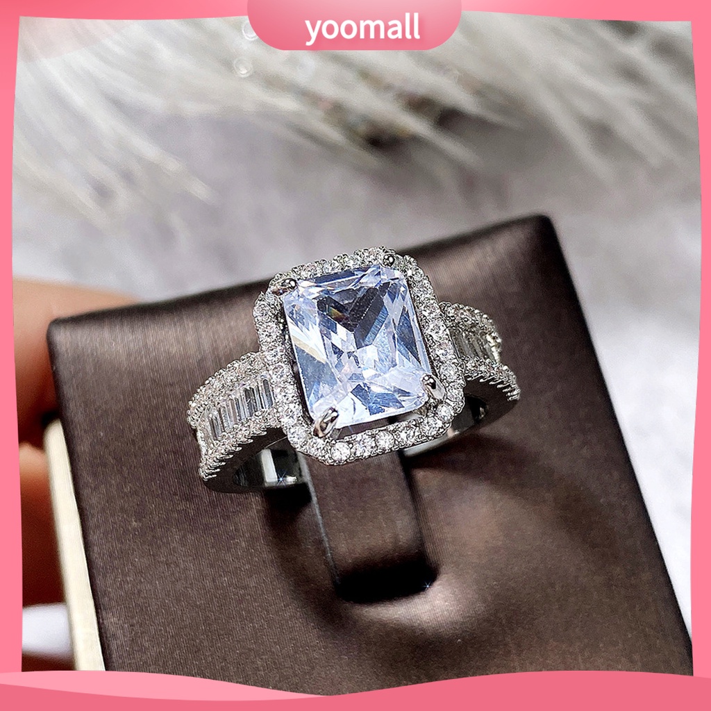 [YM] Nhẫn Cưới Bản Rộng Đính Đá Zircon Hình Vuông Lấp Lánh Không Gây Dị Ứng Trang Trí Phong Cách Phương Tây Cho Nữ