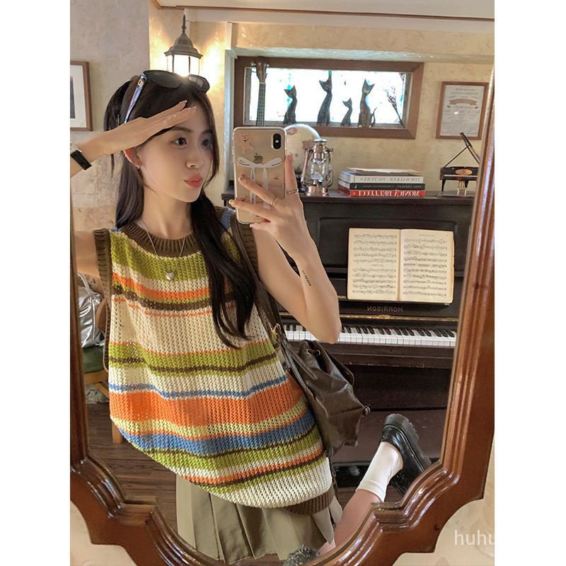 Áo Len Không Tay Họa Tiết Kẻ Sọc Màu Sắc Tương Phản Phong Cách Preppy Ngọt Ngào Cho Nữhuhu01.vn712