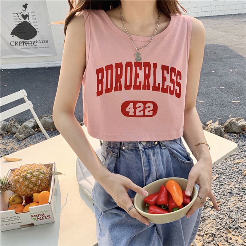 Áo Croptop Sát Nách Cổ Tròn Dáng Rộng In Chữ Thời Trang Mùa Hè Cho Nữ