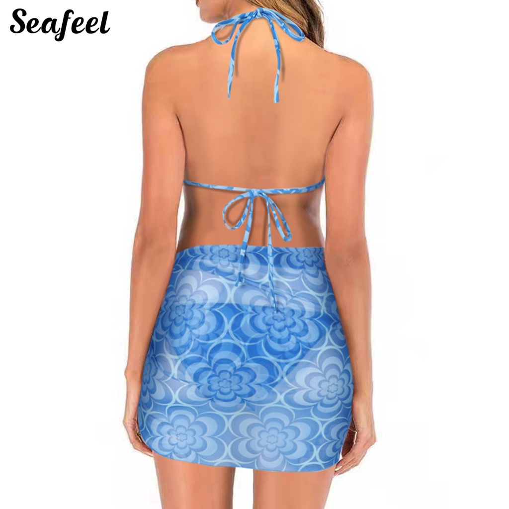 Bộ Đồ Bơi 3 Món Gồm Áo Hai Dây In Họa Tiết Gợn Sóng Và Chân Váy Cột Dây Màu Sắc Thời