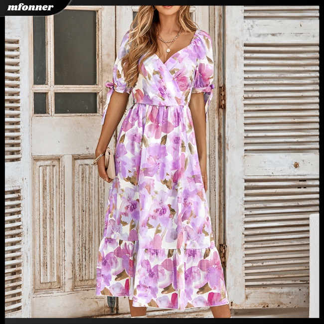 Đầm Midi Chữ A Tay Phồng Cổ Chữ V In Họa Tiết Ngọt Ngào Thanh Lịch Cho Nữ