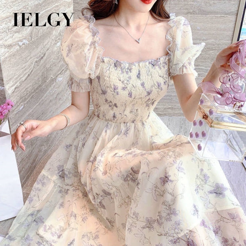Đầm dài IELGY cổ vuông tay phồng in họa tiết hoa thời trang mùa hè dành cho nữ