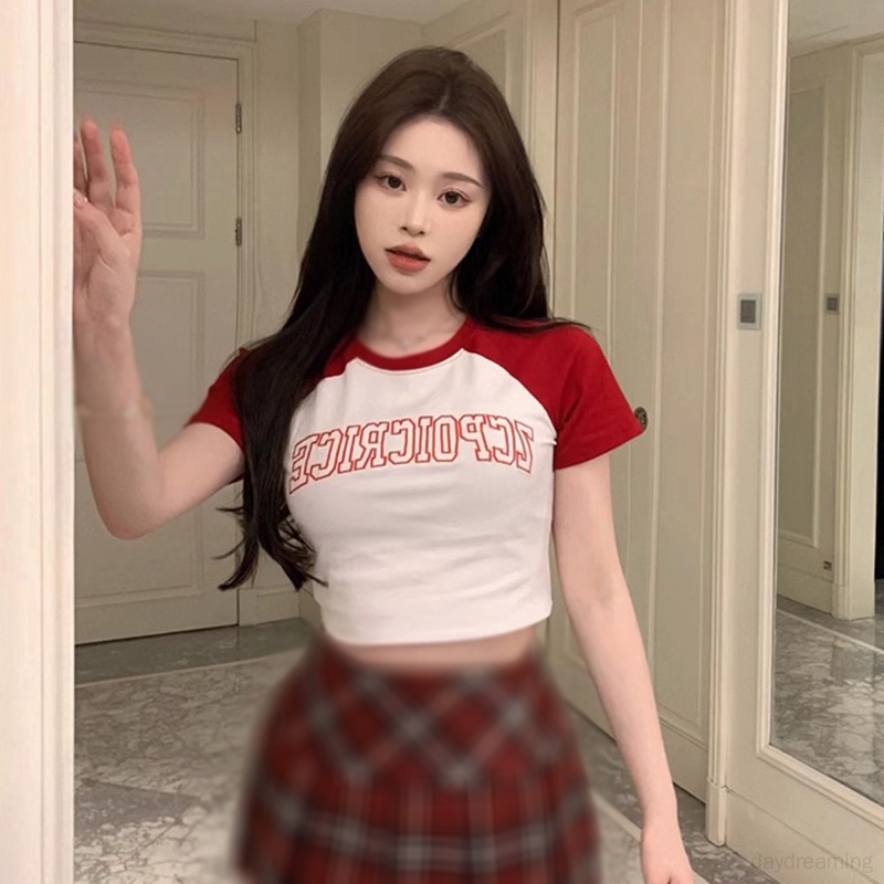 Áo Croptop Cổ Tròn Phong Cách Retro Mỹ Cho Nữ