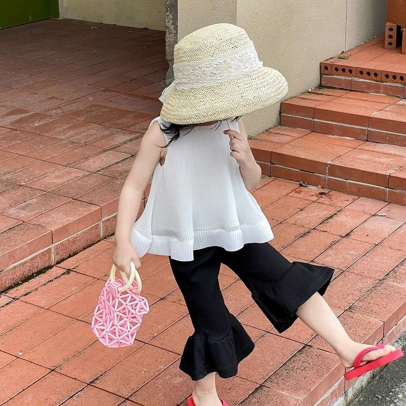 Set Áo Thun Ngắn Tay + Quần Ống Loe Xếp Ly Phong Cách Hàn Quốc Thời Trang Mùa Hè Cho Bé Gái 5 Tuổi